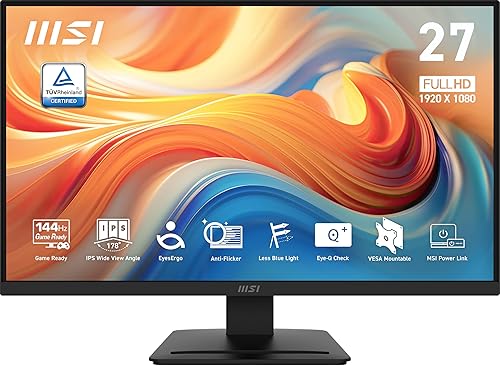 MSI PRO MP273L E14 27-inch IPS 1920 x 1080 (FHD) Gaming Office Monitor, 144Hz, Adaptive-Synch, HDR Ready, HDMI, VGA Port,VESA Mountable, Tilt, 4-Side Slim Bezel,1ms, Black