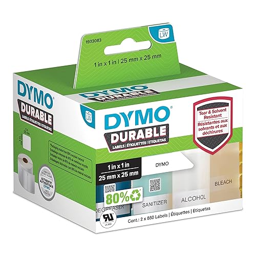 DYMO LW Durable Industrial Labels for LabelWriter Label Printers, White Poly, 1” x 1”, 2 Rolls of 850 (1700 Total) 1” x 1” Standard Packaging