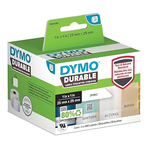 DYMO LW Durable Industrial Labels for LabelWriter Label Printers, White Poly, 1” x 1”, 2 Rolls of 850 (1700 Total) 1” x 1” Standard Packaging