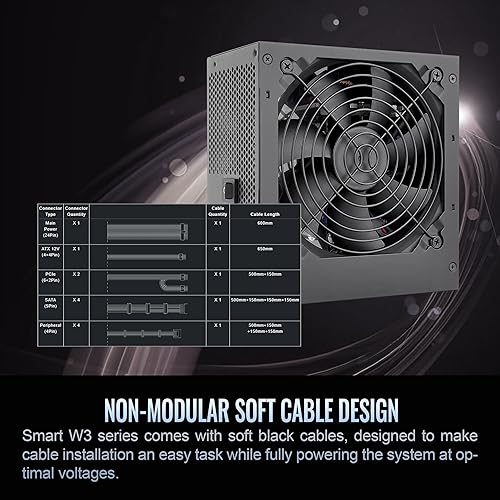 Smart W3 Series 80Plus Certified 500W Power Supply; ATX v3.1 Spec; 120mm FDB Fan; 5 Year Warranty; PS-SPW-0500NNFAWU-1
