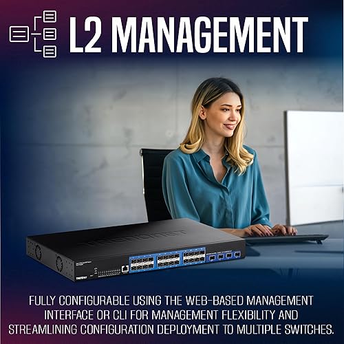 TRENDnet 28-Port Layer 2 Managed SFP Switch with 10G SFP+ Ports, TL2-F70284, 24 x Gigabit SFP Ports, 4 x 10G SFP+ Ports, Web Based Management, 128Gbps Switching Capacity, Lifetime Protection, Black 24 x Gigabit SFP|4 x 10G SFP+
