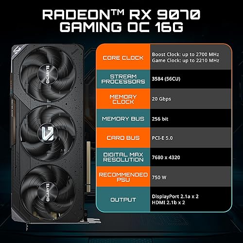 GIGABYTE Radeon RX 9070 Gaming Graphics Card with 16GB GDDR6X, PCIe x16, DisplayPort, Compatible with Desktop