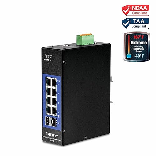 TRENDnet 10-Port Industrial Gigabit L2 Managed DIN-Rail Switch, 8 X Gigabit, 2 X SFP Slots, DIN-Rail Mount, IP30, Vlan, Qos, Lacp, STP/Rstp, Bandwidth Management, Lifetime Protection, TI-G102i 10 Port Managed Switch