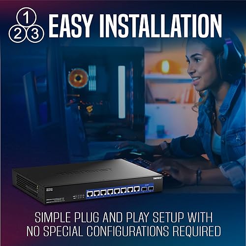 TRENDnet 10-Port 10G Unmanaged Switch, TEG-S7102, 8 x 10G RJ-45 Ports, 2 x 10G SFP+ Ports, 200Gbps Switching Capacity, Rackmount Design, Lifetime Protection, Black