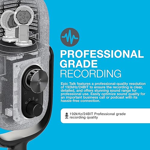 JLab Epic Talk USB Gaming Streaming Microphone, White, USB-C Output, Cardioid, Omni, Stereo, Bi-Directional, 192k Sample Rate, Volume Control, Gain Control, and Quick Mute, 3.5mm AUX, Plug and Play