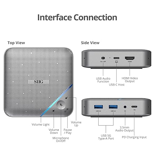 SIIG USB-C Multitask Mini Dock with Conference Speaker, Omnidirectional Microphone, Touch Volume Control, 4K HDMI, USB 3.0, 85W PD, Plug-N-Play, Mac and Windows, Silver (JU-DK0S11-S1)