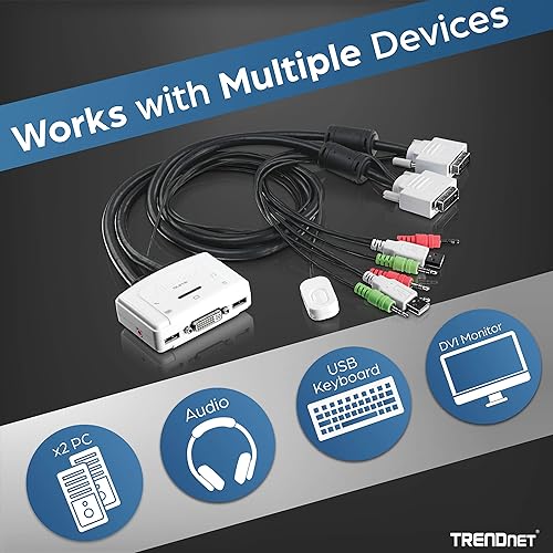 TRENDnet 2-Port DVI USB KVM Switch and Cable Kit with Audio, Manage Two PC's, USB 2.0, Hot-Plug, Auto-Scan, Hot-Keys, Windows/Linux/Mac Compliant, TK-214i DVI USB with Audio