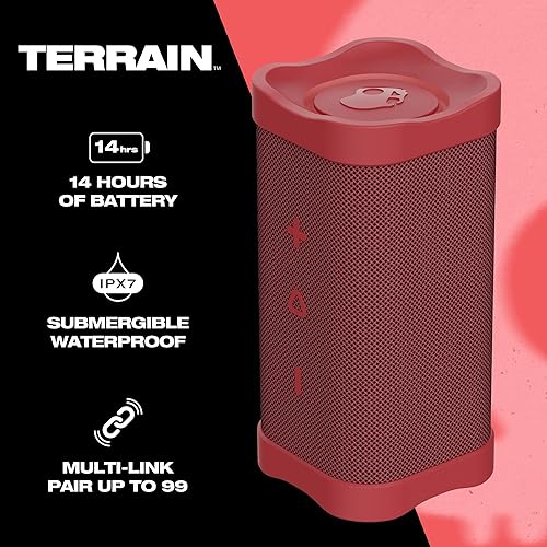Skullcandy Terrain Wireless Bluetooth Speaker - IPX7 Waterproof Portable Speaker with Dual Custom Passive Radiators, 14 Hour Battery, Nylon Wrist Wrap, & True Wireless Stereo Red