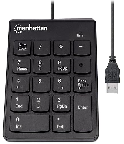 MANHATTAN Wired USB Numeric Keypad – 18 Full Size Keys & Ultra Slim Lightweight Ergonomic Number Pad Design - for Laptop, Desktop, Computer, PC – 3 Yr Mfg Warranty - Black, 179911
