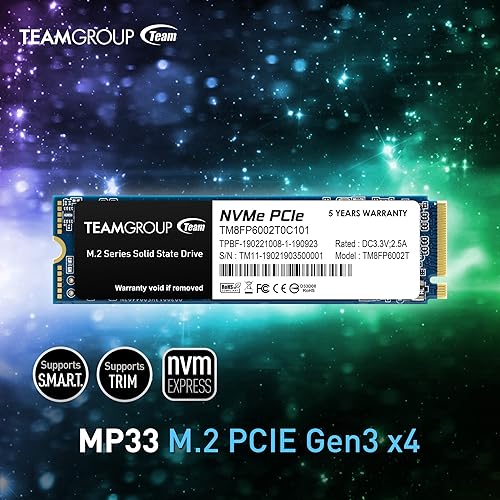 TEAMGROUP MP33 2TB SLC Cache 3D NAND TLC NVMe 1.3 PCIe Gen3x4 M.2 2280 Internal Solid State Drive SSD (Read/Write Speed up to 1,800/1,500 MB/s) Compatible with Laptop & PC Desktop TM8FP6002T0C101 2TB Modern