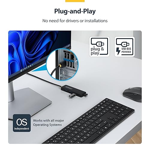 StarTech.com 4-Port USB-A Hub, 5Gbps, Bus Powered, 4X USB-A Mini Hub, Extra Long 2ft/61cm Host Cable, PCR Plastic