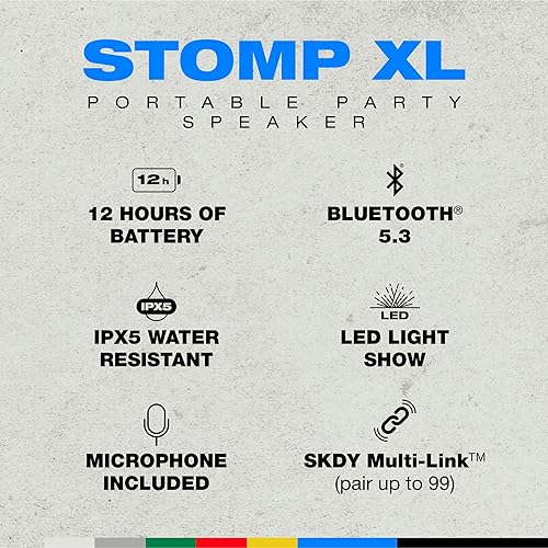 Skullcandy Stomp XL Bluetooth Speaker - IPX5 Waterproof Wireless Portable Speaker, LED Lightshow and Strobe Modes, 12 Hour Battery, Multi-Link, USB-C and USB-A Output Charger, Black
