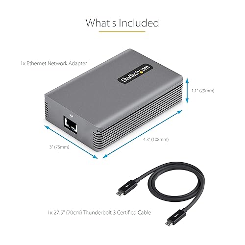 StarTech.com Thunderbolt 3 to Ethernet Adapter, 10GbE, Multi-Gigabit, Thunderbolt 3 to RJ45 Network Adapter, 10GBASE-T/5-2.5GBASE-T NIC, 10G Network Adapter w/ TB3-Certified Cable, Win/Mac (TB310G2)