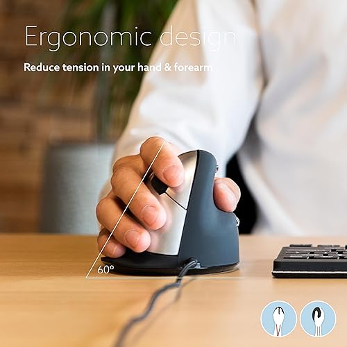 R-Go HE Vertical Ergonomic Mouse, with Break Software, USB-C Wired (USB A Converter), Prevents Tennis Elbow/Mouse Arm RSI, Silent Click, 5 Buttons - for Windows/MacOS, Black/Silver