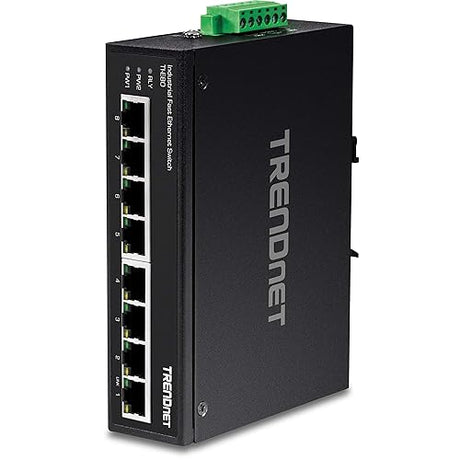 TRENDnet 8-Port Industrial Unmanaged Fast Ethernet DIN-Rail Switch, TI-E80, 8 X Fast Ethernet Ports, 12 – 56 VDC Redundant Power inputs, 6Kv ESD and 2Kv Eft Protection, Lifetime Protection