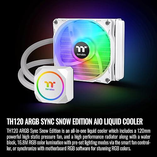 Thermaltake TH120 ARGB Motherboard Sync Snow Edition Intel LGA1700 Ready/AMD AM5 All-in-One Liquid Cooling System 120mm High Efficiency Radiator CPU Cooler CL-W346-PL12SW-A, White