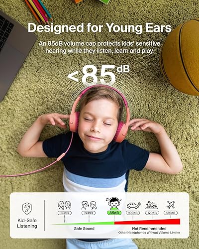 Belkin SoundForm Mini Kids Wired Headphones w/USB C to 3.5mm Dongle, Built-in Mic & Fun Stickers, 85dB Max Volume – for Online Learning, Travel, Compatible w/iPhone 16, iPad, Galaxy S25, etc - Pink