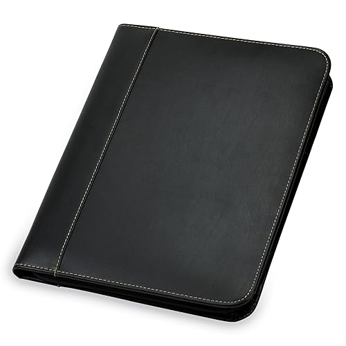 Samsill Contrast Stitch Leather Portfolio Zippered Closure Case, 8.5 inch x 11 inch Writing Pad, Black