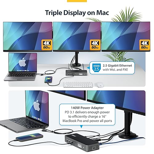 StarTech.com Triple-Monitor USB-C Docking Station, 140W Laptop Charging Dock for MacBook Pro and Windows, 4K 60Hz, TAA