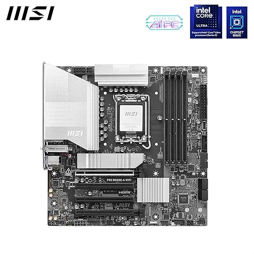 MSI PRO B860M-A WiFi Motherboard, mATX - Supports Intel Core Ultra Processors (Series 2), LGA 1851-12 DRPS, DDR5 Memory Boost (8600+ MT/s OC), PCIe 5.0 x16 & 4.0 x16, M.2 Gen5, Wi-Fi 7, 5G LAN