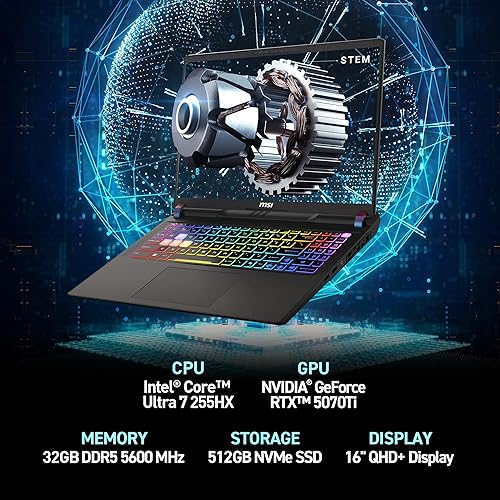MSI Vector 16 HX AI A2XWHG-225CA 16 QHD+ 240Hz Gaming Laptop, Intel Core Ultra7-255HX, RTX 5070Ti, 32GB DDR5, 1TB NVMe SSD, Windows 11 Home