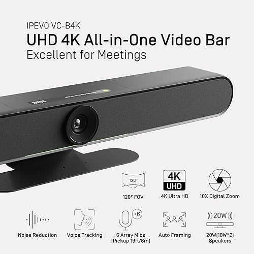 IPEVO VC-B4K UHD 4K Video and Audio Conference Room Camera System, All-in-One Video Bar, Voice Detection and Auto Framing, 6 MEMS Mic/20W(2x10W) speakers/120°FOV, Smartphone/Laptop/Tablet - Black