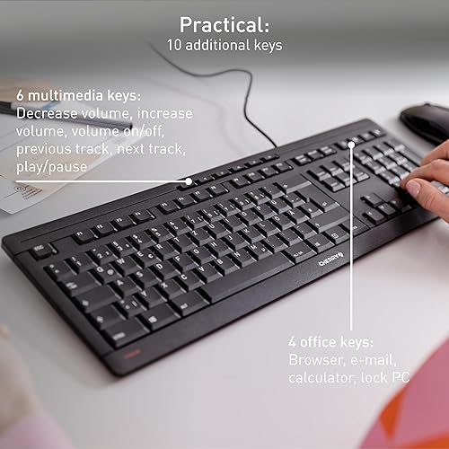 CHERRY Stream Keyboard Wired USB SX Scissors Mechanism QWERTY Whisper-Quiet Silent Keystroke for Home Office, Work or Personal Computer. Black Regular Black
