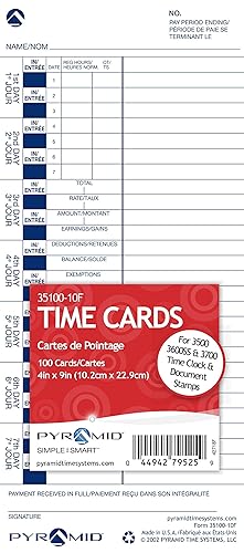 Pyramid English/French Time Cards for 3500, 3550ss, 3600ss and 3700 Time Clocks, 100 Pack
