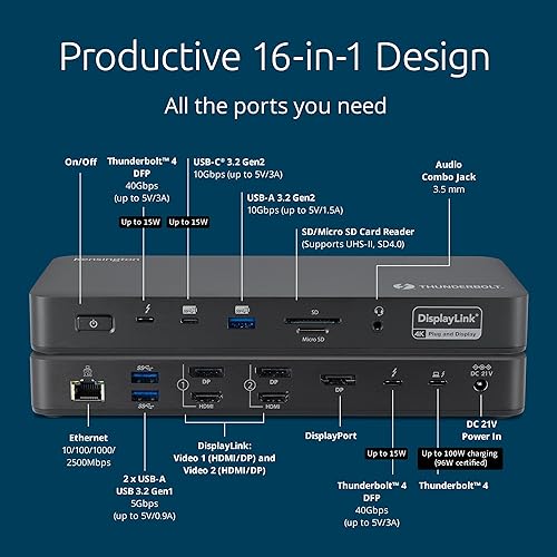Kensington SD5910T DisplayLink Docking Station Thunderbolt 4, Quad 4K for MacBook Pro/Air M1/M2/M3/M4 with Pro and Max Chipsets, 100W PD, HDMI/DP/TB4, SD/Micro SD Card Slots (K35233NA)
