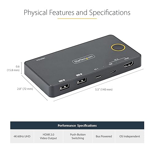 StarTech.com 2 Port Hybrid USB-A + HDMI & USB-C KVM Switch - Single 4K 60Hz HDMI 2.0 Monitor - Compact Desktop and/or Laptop HDMI KVM Switch - USB Bus Powered - Thunderbolt 3 Compatible (SV221HUC4K)