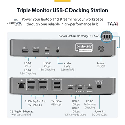 StarTech.com Triple-Monitor USB-C Docking Station, 140W Laptop Charging Dock for MacBook Pro and Windows, 4K 60Hz, TAA
