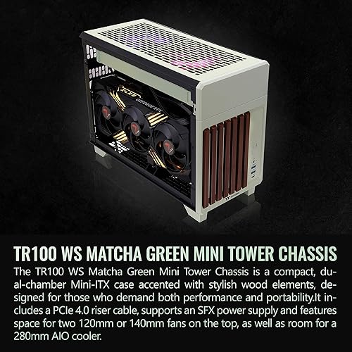 Thermaltake TR100 WS; Wood Front Trim; mITX Support; 18.9 Liters; PCIe 4.0 Riser Cable Included; 360mm GPU Clearance; 280mm Radiator Support; Removable PCIe Bracket; Matcha Green; CA-11A-00SENN-WS