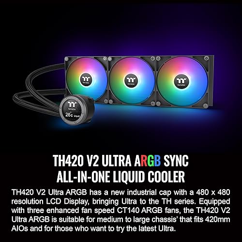 Thermaltake TH420 V2 Ultra ARGB Sync/AlO Liquid Cooler/ARGB Fan 140 * 3/PWM 500~1800rpm/Water Block 2.1 LCD/Black, CL-W386-PL14SW-A LCD 420mm Black