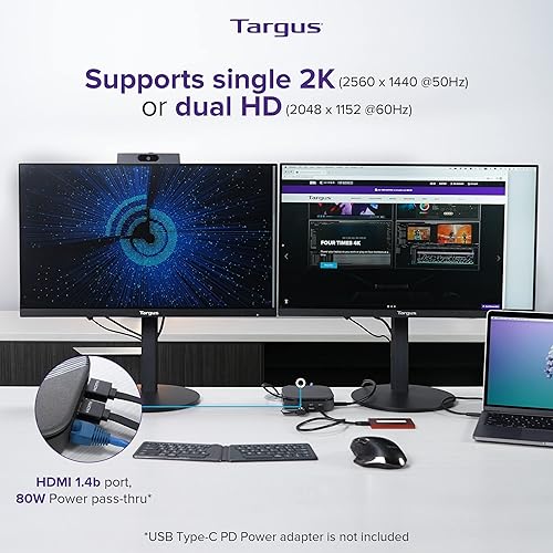 Targus USB-C Universal Dual HD Docking Station with 80W PD Pass-Thru, Docking Station Dual Monitor (HD) or Single Monitor (2K), TAA Compliant Laptop Docking Station w/DisplayLink (DOCK116GLZ)