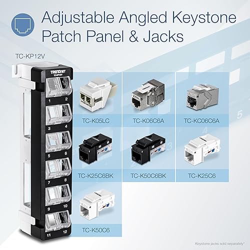 TRENDnet 12-Port Blank Angled Wall Mount Keystone Patch Panel, TC-KP12V, Use with TRENDnet Keystone Jacks (Sold Separately), Snap-in Style, Quick and Easy Access, 89D Wall Mount Bracket Included