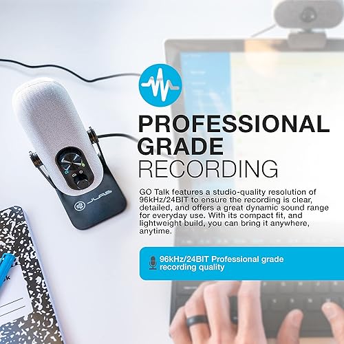 JLab Go Talk USB Microphone, White, USB-C Output, Cardioid or Omnidirectional, 96k Sample Rate, 20Hz, 20kHz Frequency Response, Volume Control and Quick Mute, 3.5mm AUX, Plug and Play