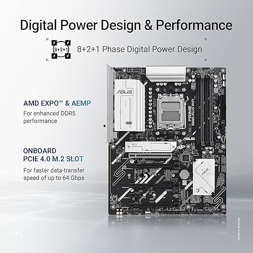 ASUS Prime B840-PLUS WiFi AMD AM5 B840 ATX Motherboard, Advanced AI Ready, DDR5, PCIe 4.0, 3X M.2, Wi-Fi 6E, 2.5Gb LAN, DisplayPort, HDMI™, USB 10Gbps Type-A & Type-C®, BIOS Flashback™, Aura Sync RGB