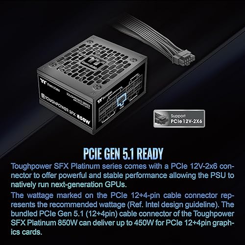Thermaltake Toughpower SFX 850W 80Plus Platinum ATX 3.1 Standard Power Supply; 450W 12V-2x6 Connector Included; Full Modular; 90mm FDB Fan; PS-STP-0850FNFAPU-1; 7 Year Warranty 850W Platinum