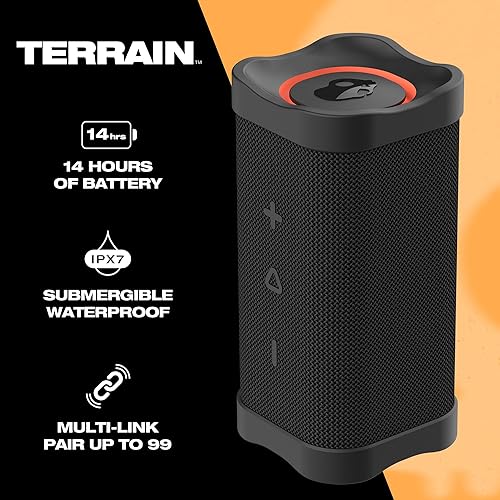 Skullcandy Terrain Wireless Bluetooth Speaker - IPX7 Waterproof Portable Speaker with Dual Custom Passive Radiators, 14 Hour Battery, Nylon Wrist Wrap, & True Wireless Stereo Black Terrain