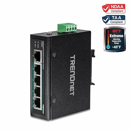 TRENDnet 5-Port Industrial Fast Ethernet DIN-Rail Switch, 4 x Fast Ethernet PoE+ Ports, 1 x Fast Ethernet Port, 90W PoE Power Budget, DIN-Rail, IP30 Rated, Lifetime Protection, Black, TI-PE50 5 Port Switch