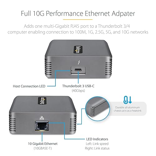 StarTech.com Thunderbolt 3 to Ethernet Adapter, 10GbE, Multi-Gigabit, Thunderbolt 3 to RJ45 Network Adapter, 10GBASE-T/5-2.5GBASE-T NIC, 10G Network Adapter w/ TB3-Certified Cable, Win/Mac (TB310G2)