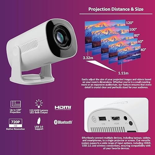 Supersonic SC-92P Smart HD Wi-Fi Projector with Bluetooth, 720p Native, 1080p Support, 1760 Lumens, 180° Rotatable, 6 Galaxy Lighting Effects, HDMI, USB, Mirror Casting and Built-in Apps