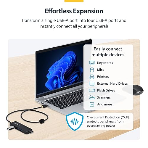StarTech.com 4-Port USB-A Hub, 5Gbps, Bus Powered, 4X USB-A Mini Hub, Extra Long 2ft/61cm Host Cable, PCR Plastic