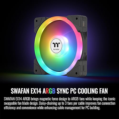 Thermaltake SWAFAN EX 14 ARGB PC Cooling Fan, 3-Fan pcak, 500~2000 RPM, Magnetic Connection, Reversable Blades, sync with MB RGB Software, CL-F168-PL14SW-A