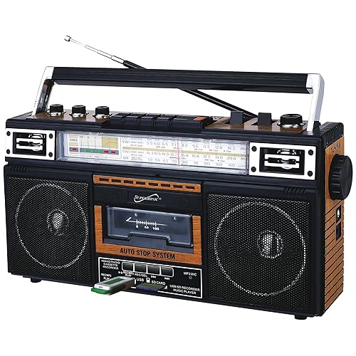 SuperSonic - Retro 4 Band Radio & Cassette Player with Bluetooth, Boomboxes - Wood Grain (SC-3201BT)