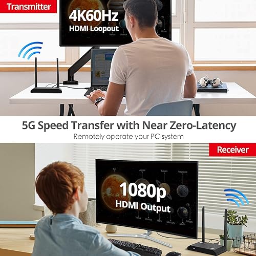 SIIG 1080p Wireless HDMI KVM Extender with 4K@60Hz Loopout - Up to 500 Feet, IR Control, Keyboard and Mouse, Touch Panel Support, USB 2.0 Extension, HDCP 2.2/1.3, Dual Antenna (CE-H26G11-S2)