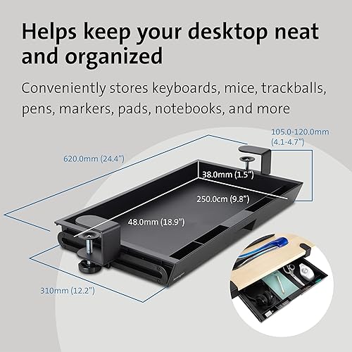 Kensington Clamp-On Storage Drawer, Under Desk Storage Drawer & Damage-Free Installation (K52175WW), Black