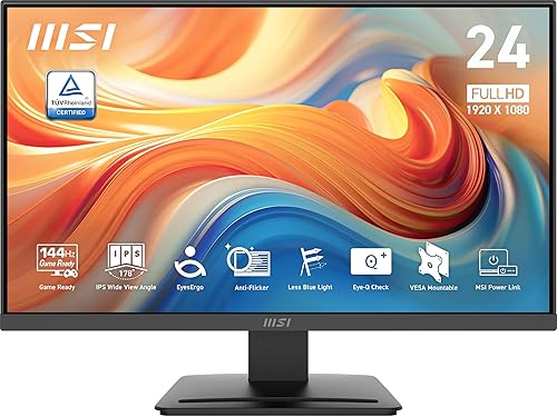 MSI PRO MP243L E14 24-inch IPS 1920 x 1080 (FHD) Gaming Office Monitor, 144Hz, Adaptive-Synch, HDR Ready, HDMI, VGA Port,VESA Mountable, Tilt, 4-Side Slim Bezel,1ms, Black