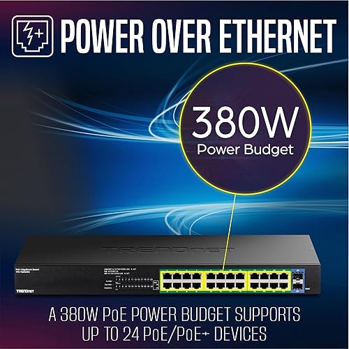 TRENDnet 26-Port Gigabit EdgeSmart PoE+ Switch, TPE TG262ES, 380W PoE Power Budget, 24 x Gigabit PoE+ Ports, 2 x Gigabit SFP Ports, Managed Network Ethernet Switch, Lifetime Protection, Black