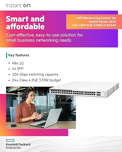 HPE Networking Instant On Switch Series 1830 48-Port Gb Smart-Managed Layer 2 Ethernet Switch with PoE | 48x 1G | 4X SFP | 24x CL4 PoE (370W) | Fan-Less | US Cord (JL815A#ABA)